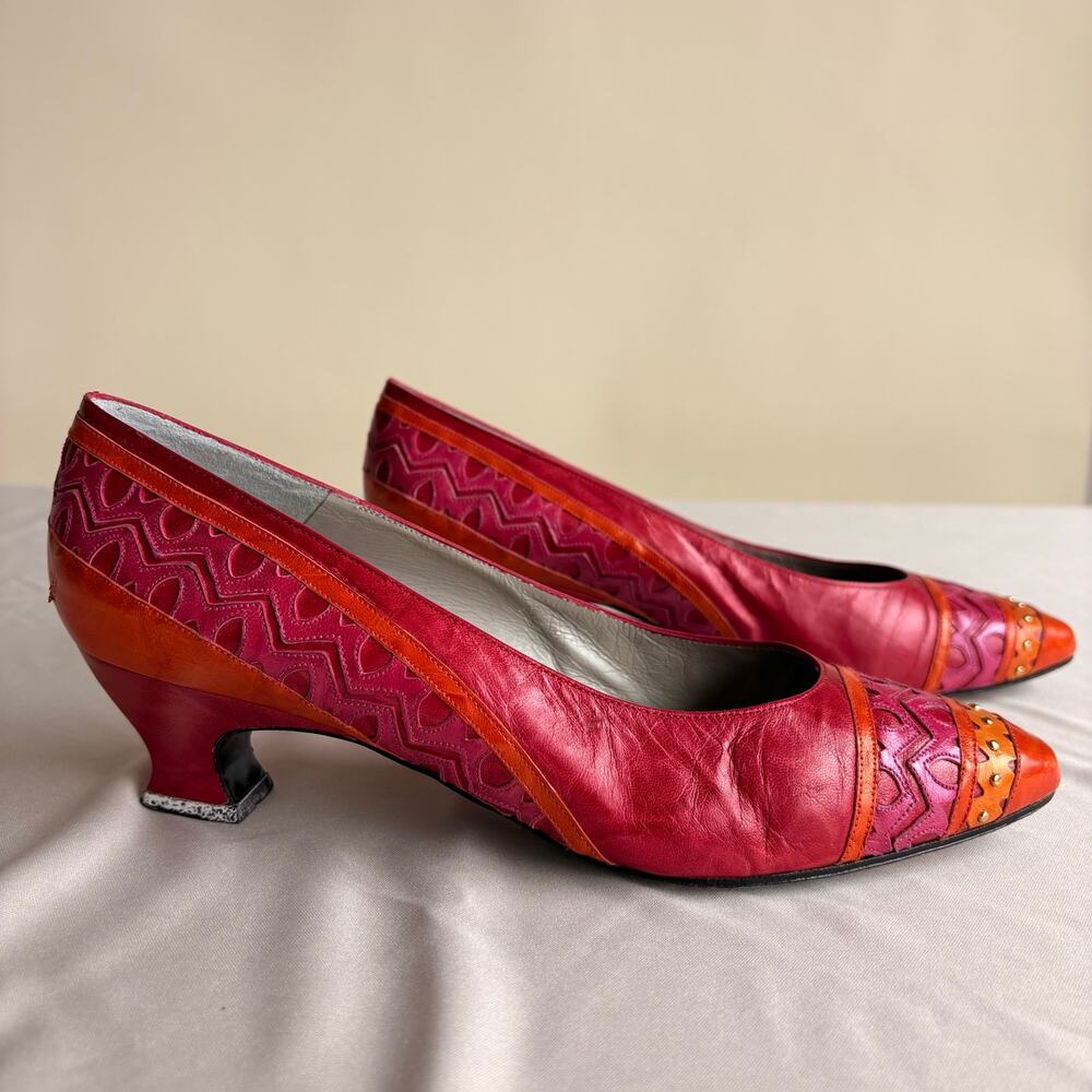 Margaret Jerrold Pink & Orange Kitten Heels -80s Vintage, Size 7.5